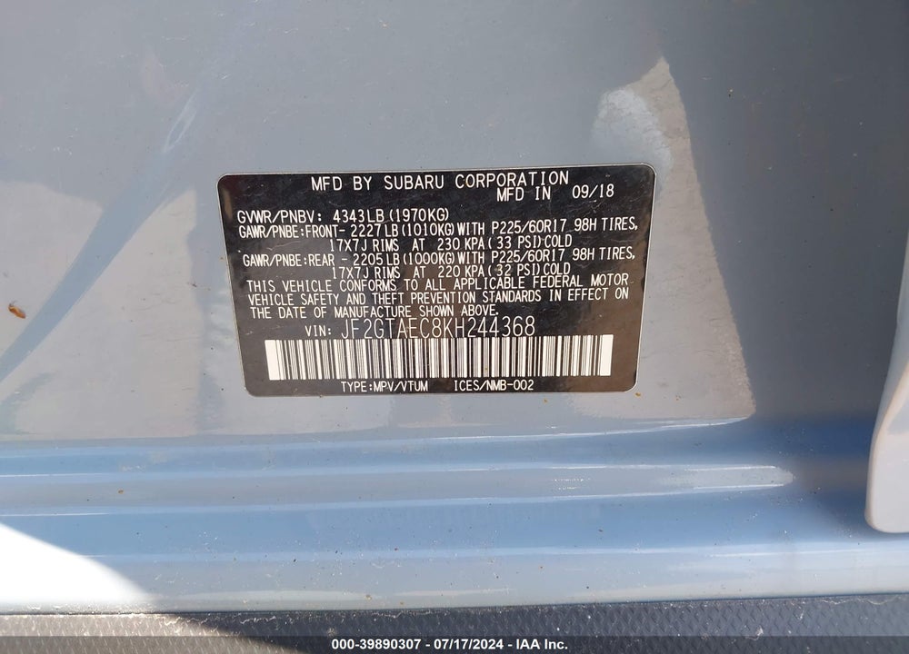 2019 SUBARU CROSSTREK 2.0I PREMIUM VIN: JF2GTAEC8KH244368