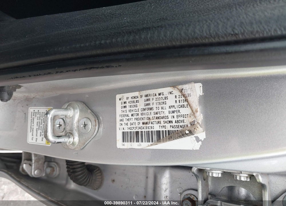 2012 HONDA ACCORD 2.4 LX VIN: 1HGCP2F34CA069280