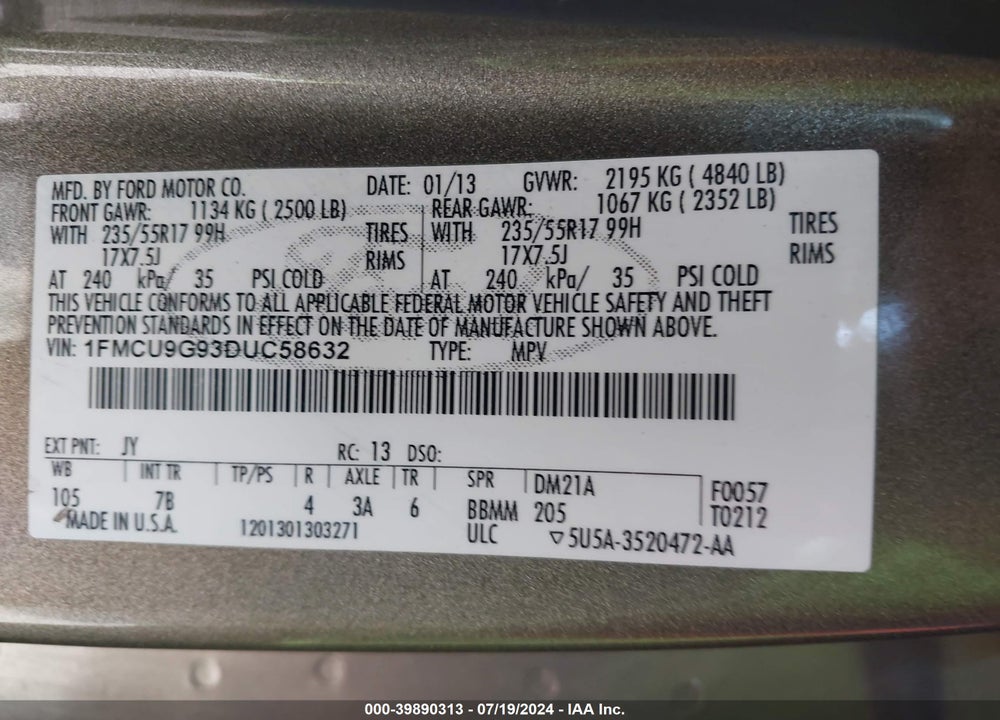 2013 FORD ESCAPE SE VIN: 1FMCU9G93DUC58632