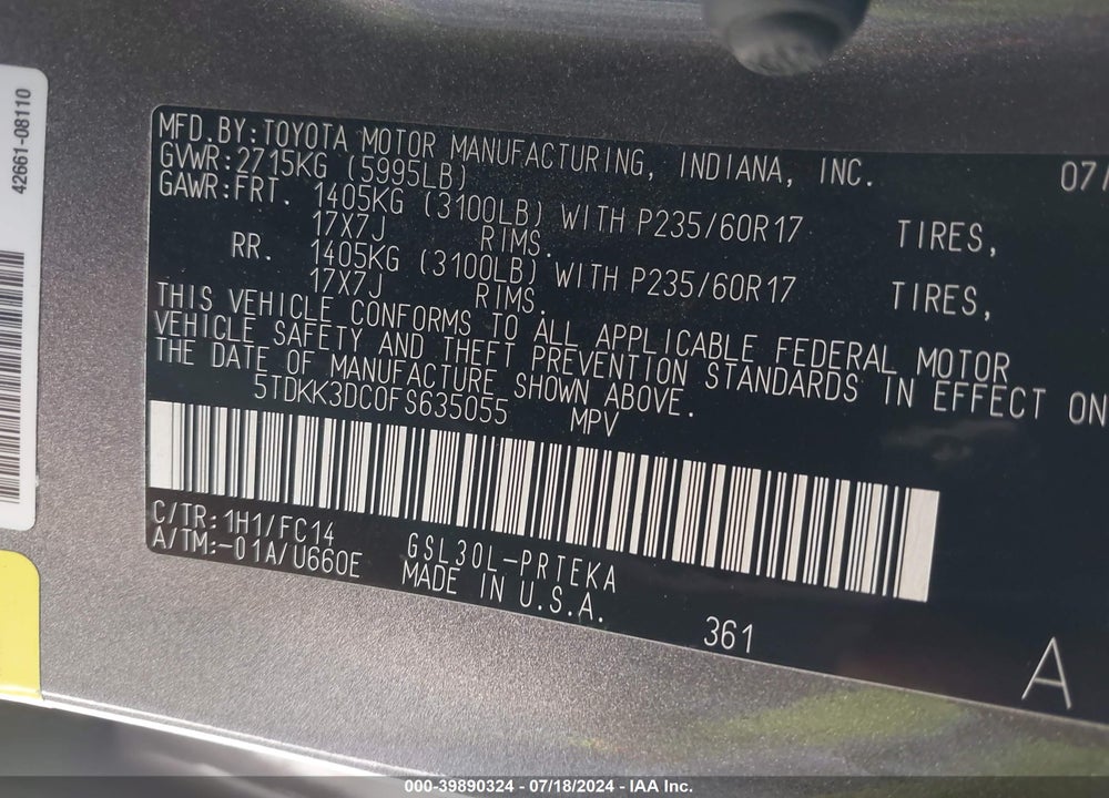 2015 TOYOTA SIENNA LE 8 PASSENGER VIN: 5TDKK3DC0FS635055