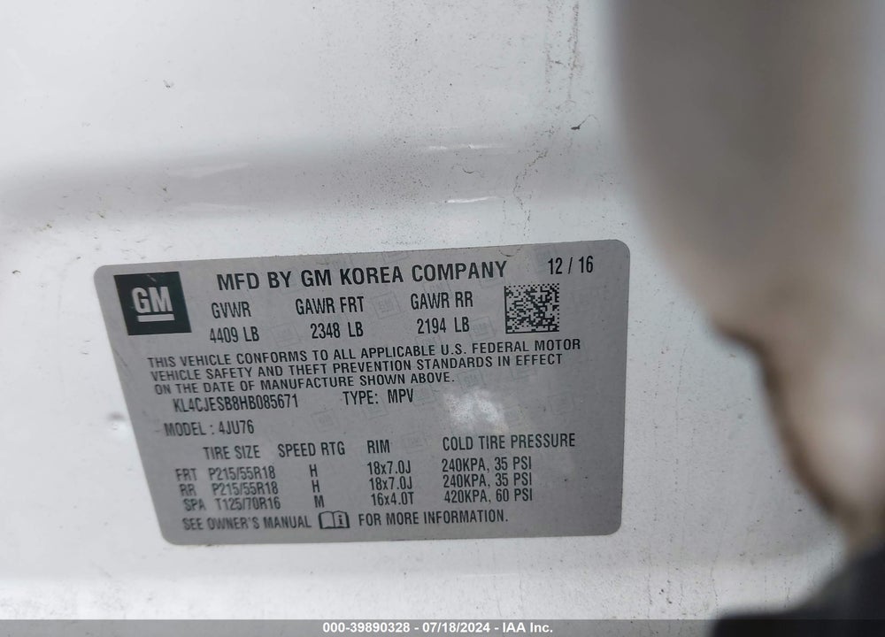 2017 BUICK ENCORE PREFERRED VIN: KL4CJESB8HB085671