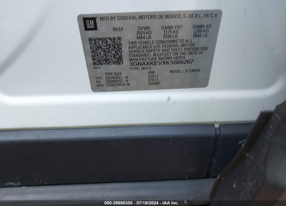 2019 CHEVROLET EQUINOX LT VIN: 3GNAXKEVXKS666267