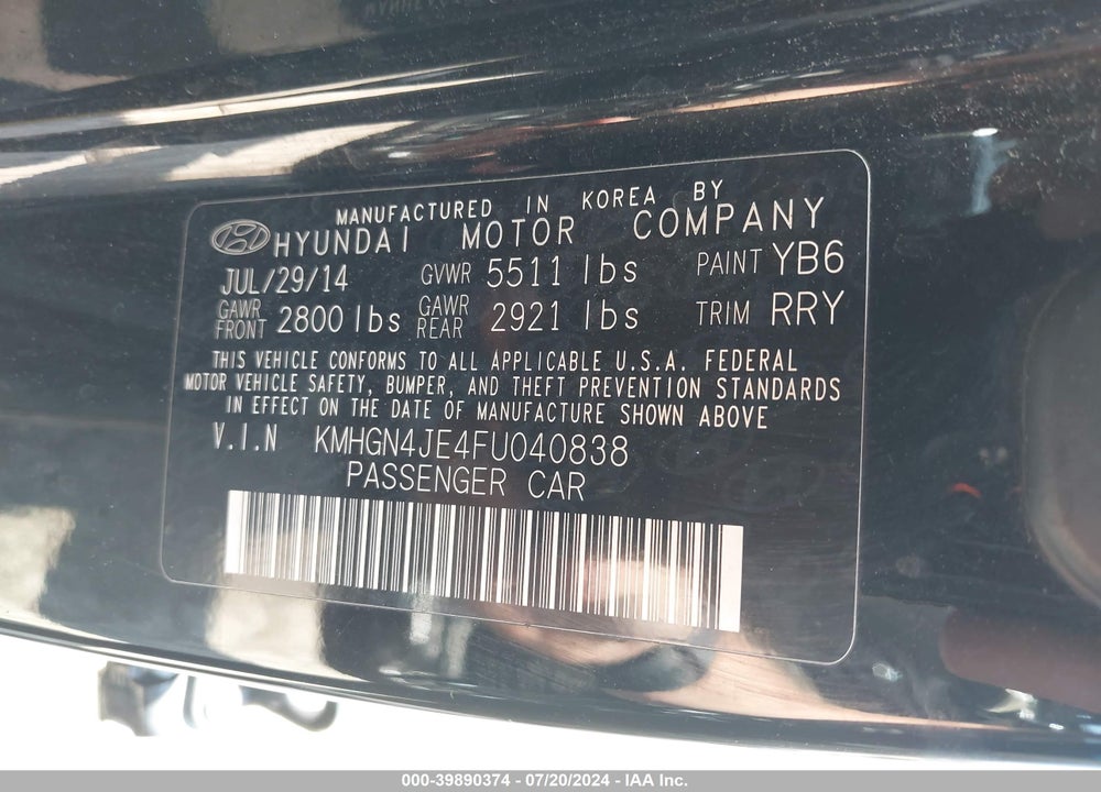 2015 HYUNDAI GENESIS 3.8 VIN: KMHGN4JE4FU040838