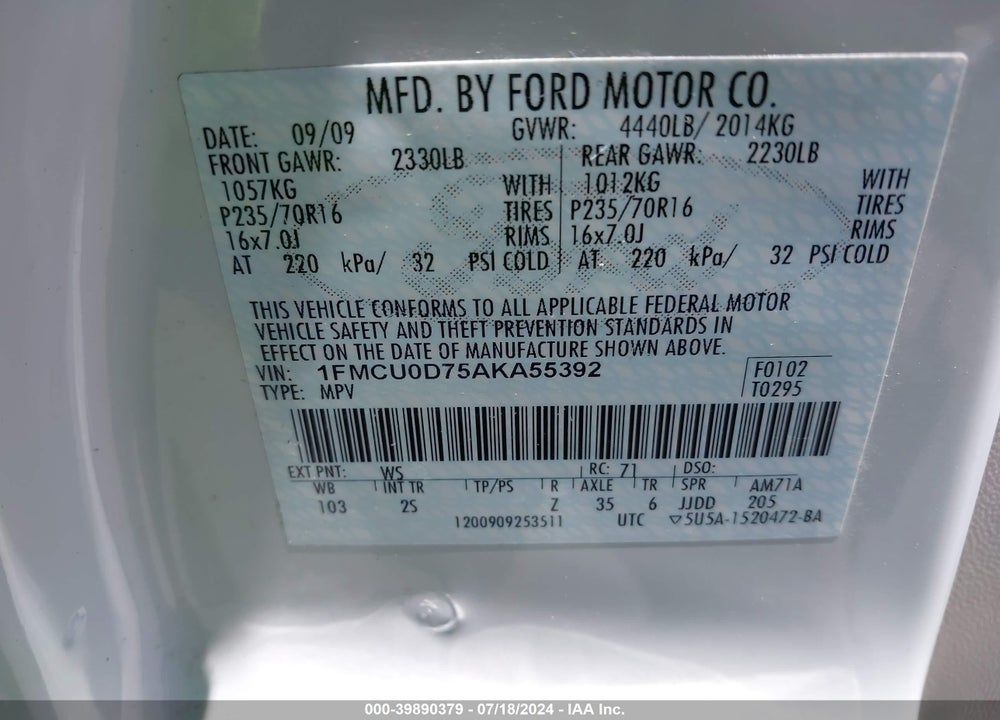 2010 FORD ESCAPE XLT VIN: 1FMCU0D75AKA55392