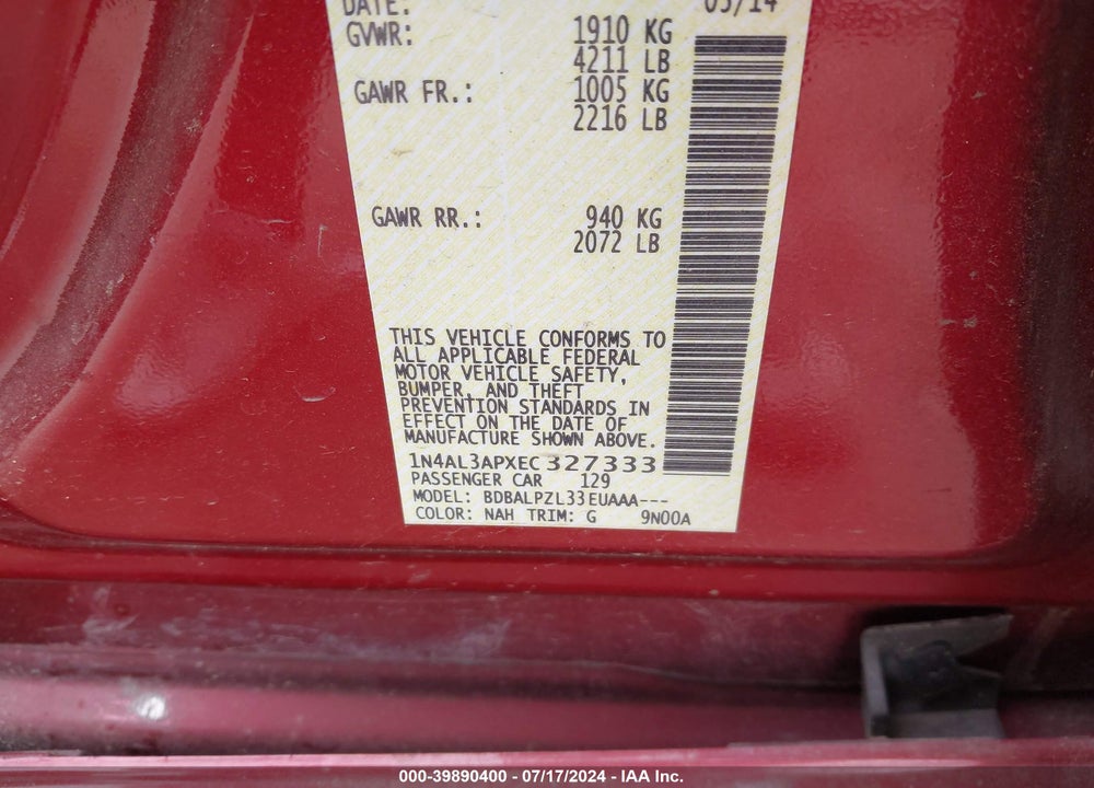 2014 NISSAN ALTIMA 2.5 VIN: 1N4AL3APXEC327333