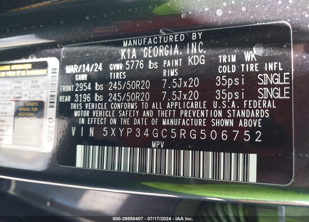 2024 KIA TELLURIDE EX VIN: 5XYP34GC5RG506752