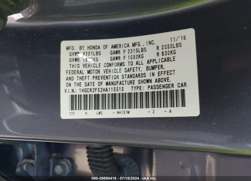 2017 HONDA ACCORD SPORT VIN: 1HGCR2F52HA115515