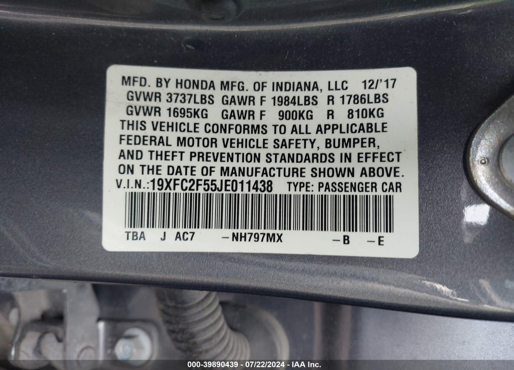 2018 HONDA CIVIC LX VIN: 19XFC2F55JE011438