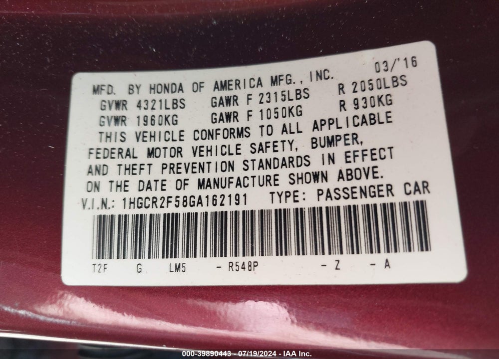 2016 HONDA ACCORD SPORT VIN: 1HGCR2F58GA162191