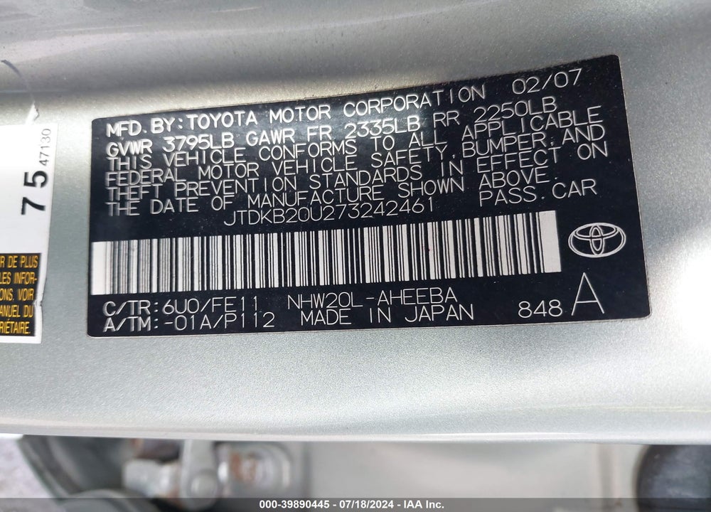 2007 TOYOTA PRIUS VIN: JTDKB20U273242461