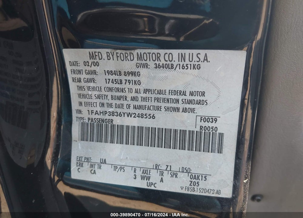 2000 FORD FOCUS ZTS VIN: 1FAHP3836YW248556