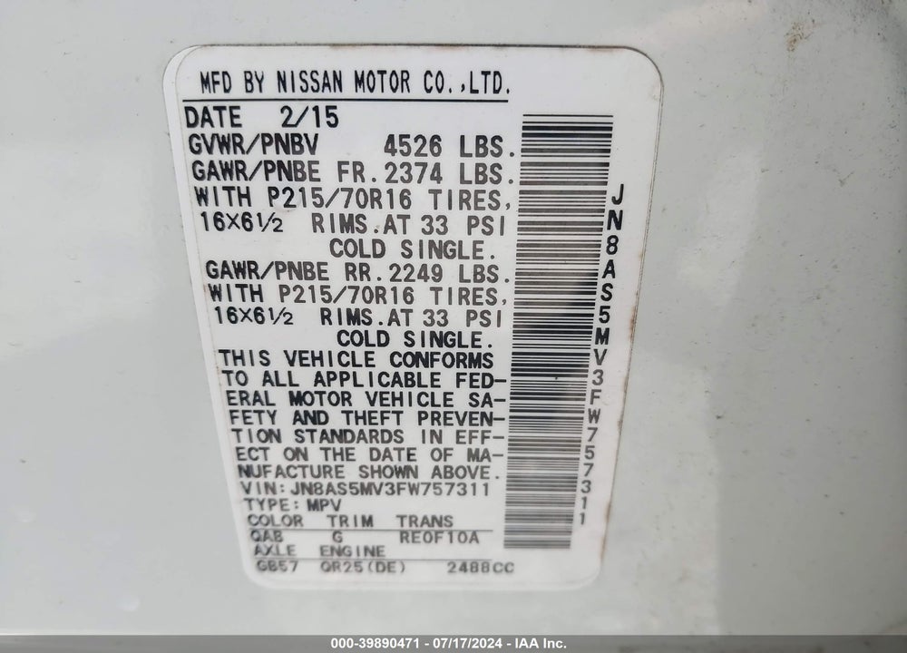 2015 NISSAN ROGUE SELECT S VIN: JN8AS5MV3FW757311