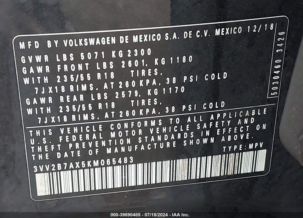 2019 VOLKSWAGEN TIGUAN 2.0T SE/2.0T SEL/2.0T SEL R-LINE/2.0T SEL R-LINE BLACK VIN: 3VV2B7AX5KM065483