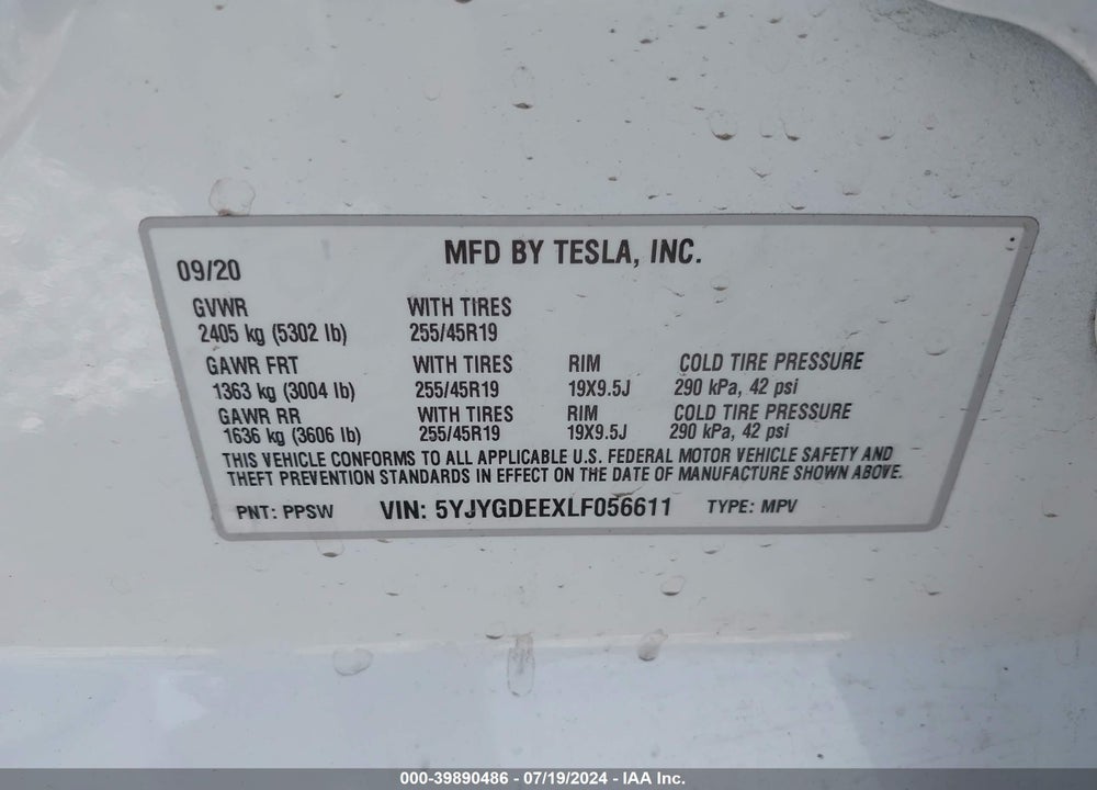 2020 TESLA MODEL Y LONG RANGE DUAL MOTOR ALL-WHEEL DRIVE VIN: 5YJYGDEEXLF056611