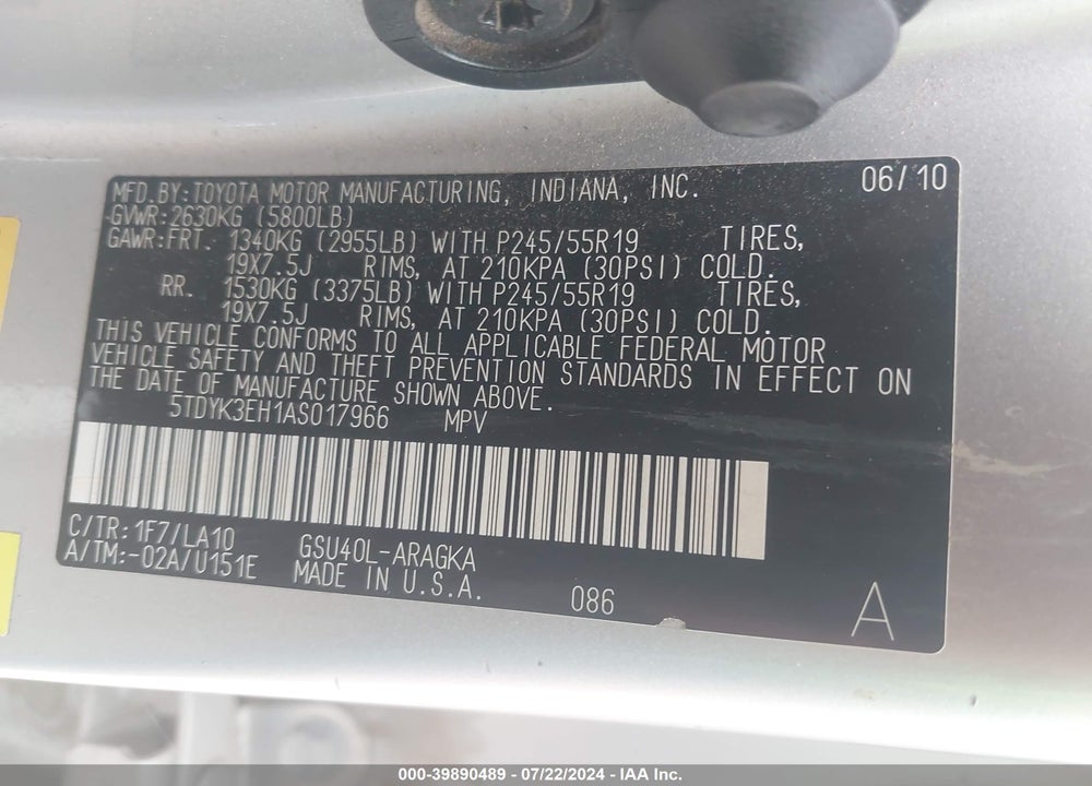 2010 TOYOTA HIGHLANDER LIMITED V6 VIN: 5TDYK3EH1AS017966