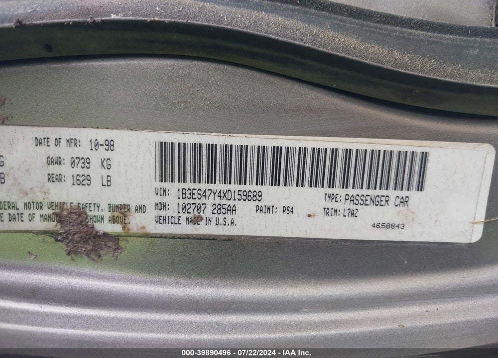 1999 DODGE NEON HIGHLINE VIN: 1B3ES47Y4XD159689