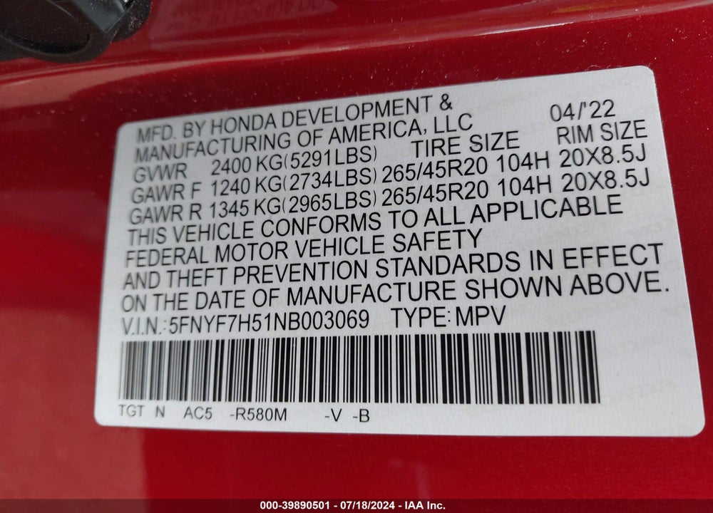 2022 HONDA PASSPORT 2WD EX-L VIN: 5FNYF7H51NB003069