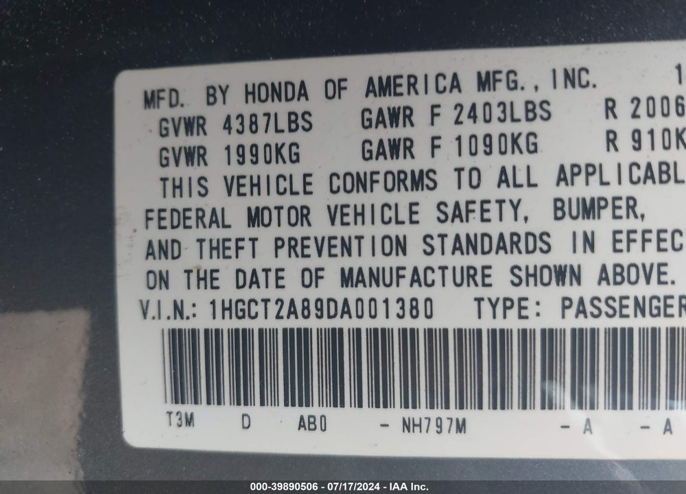 2013 HONDA ACCORD EX-L V-6 VIN: 1HGCT2A89DA001380