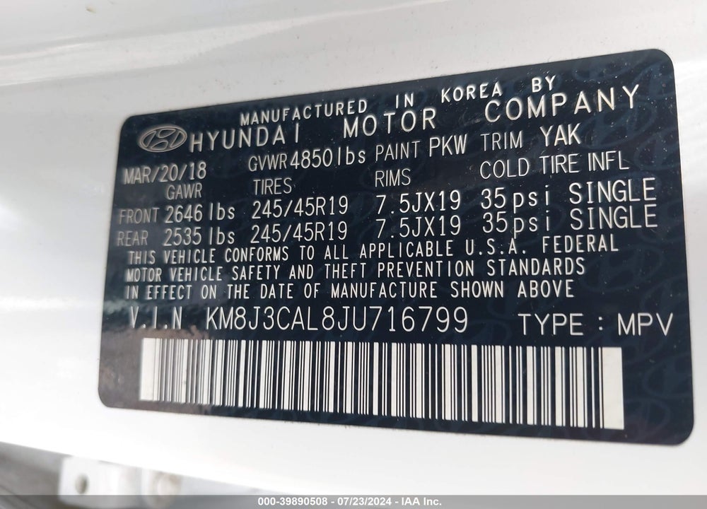 2018 HYUNDAI TUCSON SPORT VIN: KM8J3CAL8JU716799