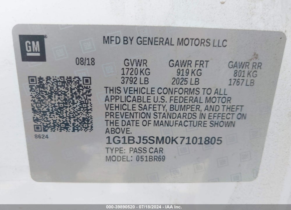 2019 CHEVROLET CRUZE CVT (FLEET ORDERS ONLY) VIN: 1G1BJ5SM0K7101805