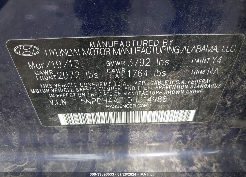 2013 HYUNDAI ELANTRA GLS VIN: 5NPDH4AE1DH314986