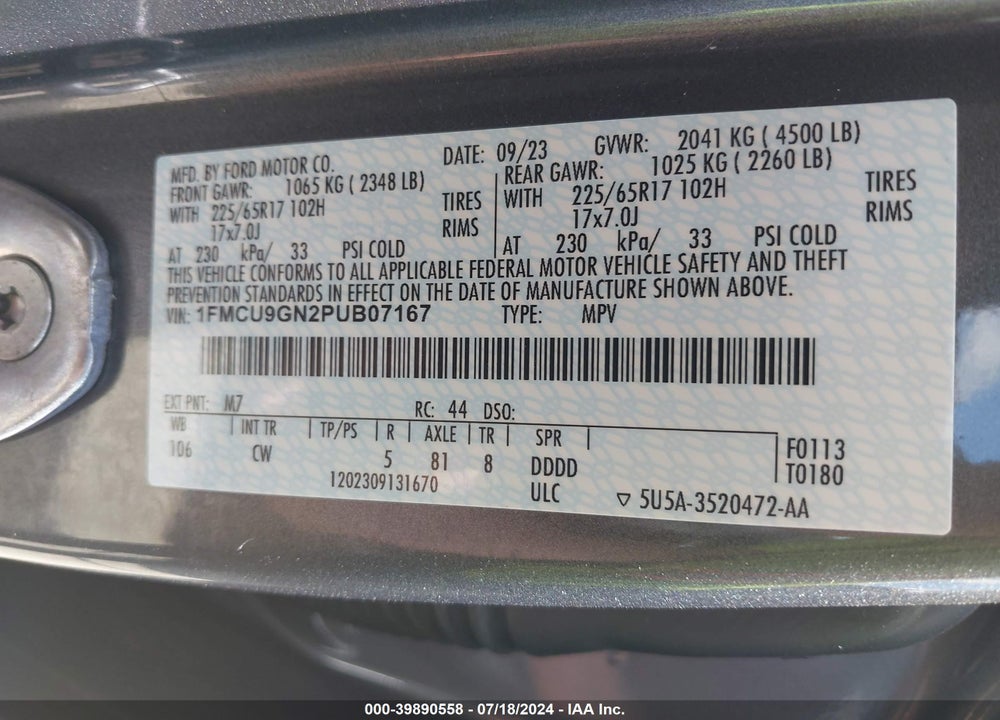 2023 FORD ESCAPE ACTIVE VIN: 1FMCU9GN2PUB07167