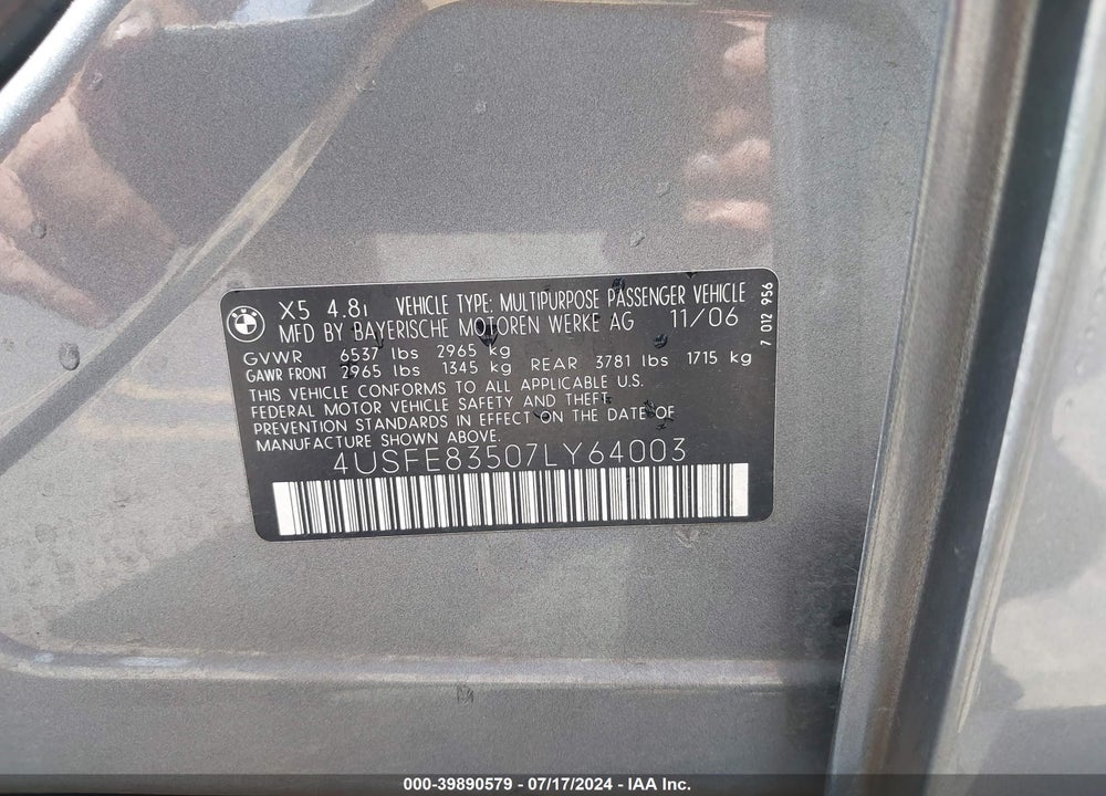 2007 BMW X5 4.8I VIN: 4USFE83507LY64003