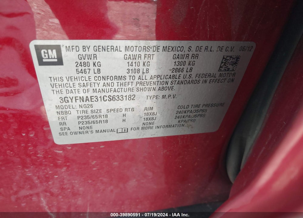 2012 CADILLAC SRX LUXURY COLLECTION VIN: 3GYFNAE31CS633182