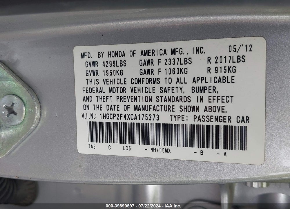 2012 HONDA ACCORD VIN: 1HGCP2F4XCA175273