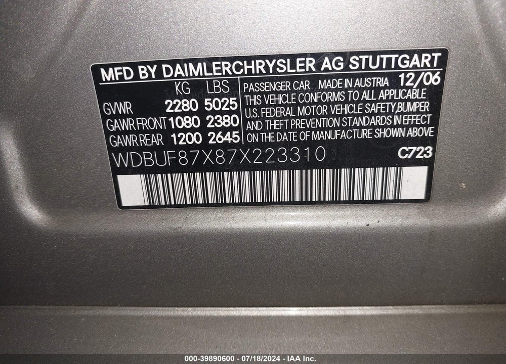 2007 MERCEDES-BENZ E 350 4MATIC VIN: WDBUF87X87X223310
