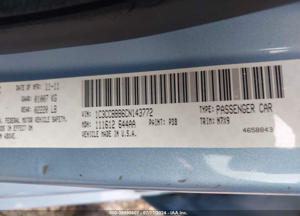 2012 CHRYSLER 200 TOURING VIN: 1C3CCBBB6CN143772