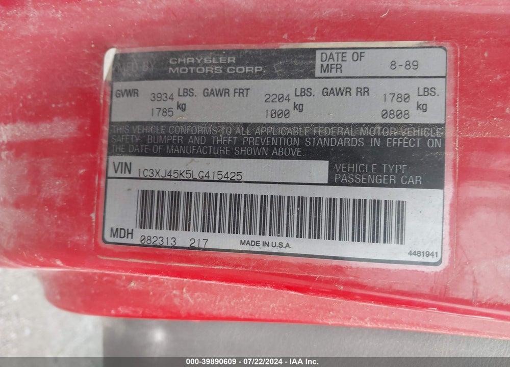 1990 CHRYSLER LEBARON VIN: 1C3XJ45K5LG415425