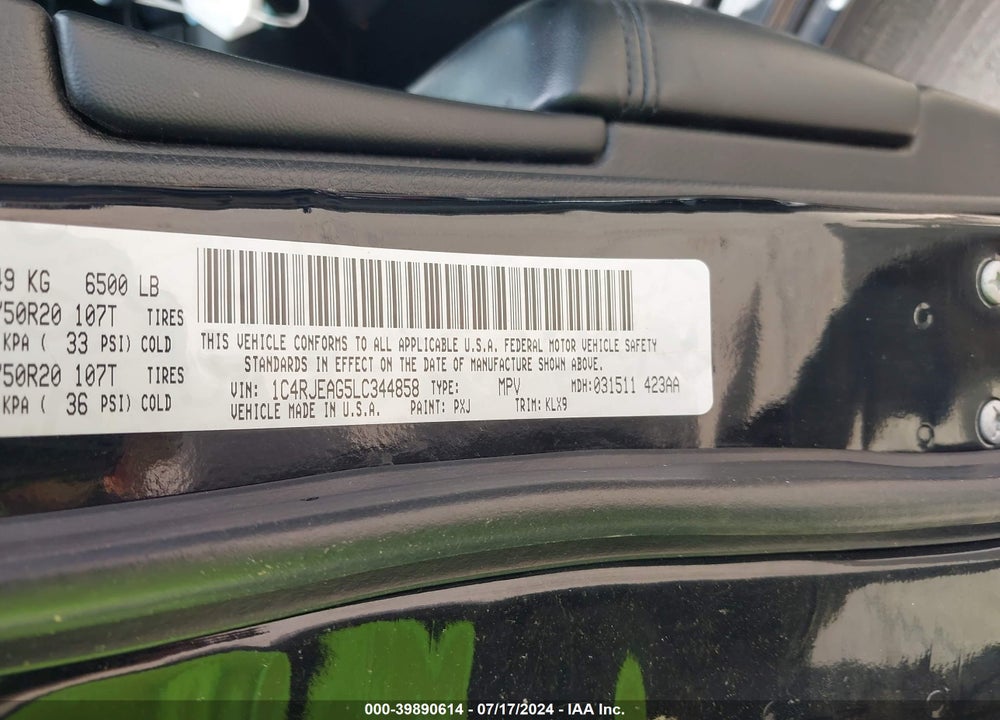 2020 JEEP GRAND CHEROKEE ALTITUDE 4X2 VIN: 1C4RJEAG5LC344858