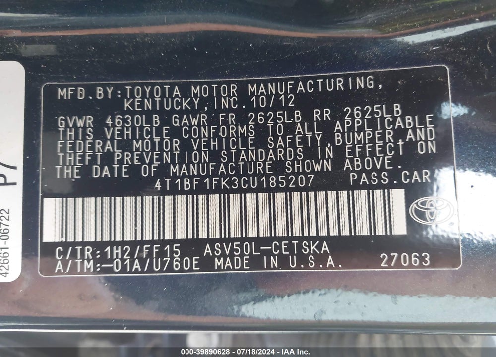 2012 TOYOTA CAMRY VIN: 4T1BF1FK3CU185207