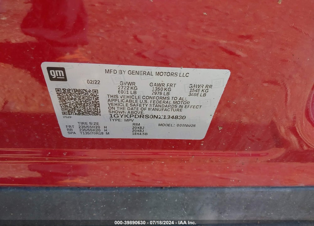 2022 CADILLAC XT6 AWD PREMIUM LUXURY VIN: 1GYKPDRS0NZ134830