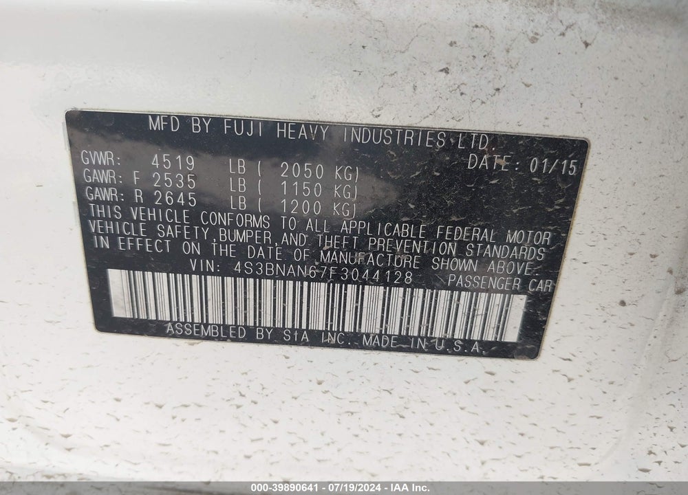 2015 SUBARU LEGACY 2.5I LIMITED VIN: 4S3BNAN67F3044128