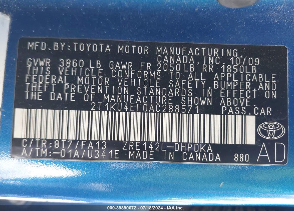 2010 TOYOTA MATRIX VIN: 2T1KU4EE0AC288571