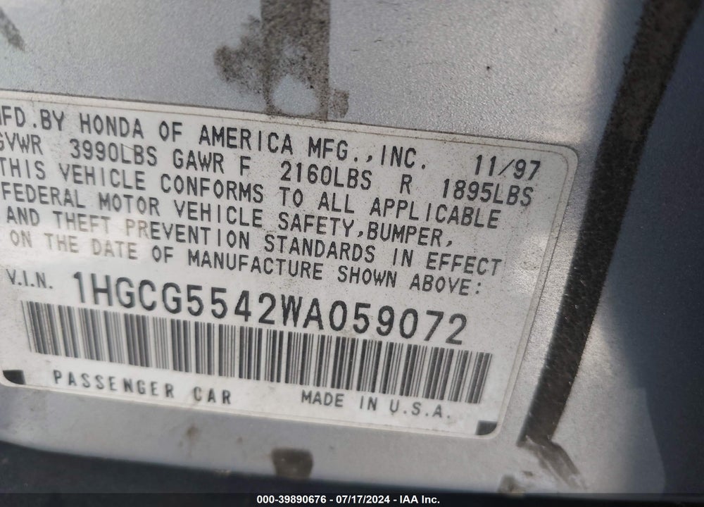 1998 HONDA ACCORD LX VIN: 1HGCG5542WA059072