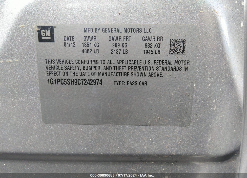 2012 CHEVROLET CRUZE LS VIN: 1G1PC5SH9C7242974