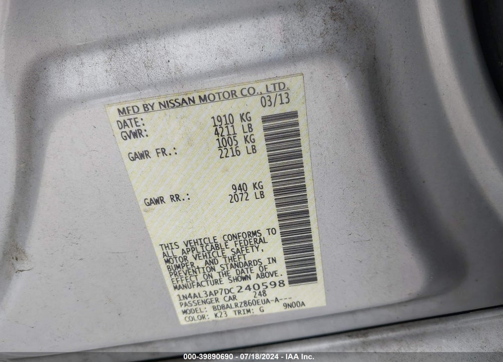 2013 NISSAN ALTIMA 2.5 S VIN: 1N4AL3AP7DC240598