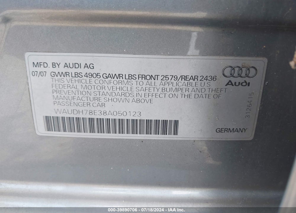 2008 AUDI A4 3.2 VIN: WAUDH78E38A050123