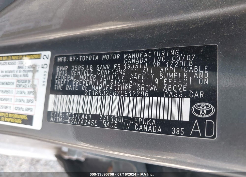 2007 TOYOTA COROLLA CE VIN: 2T1BR32E67C812296