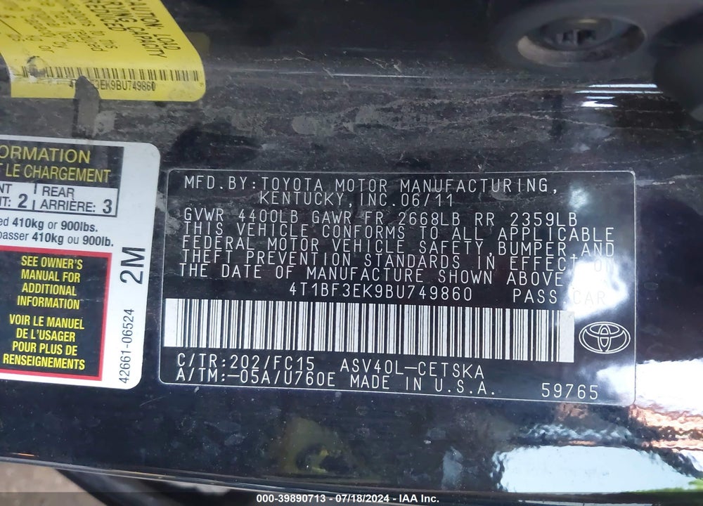 2011 TOYOTA CAMRY SE VIN: 4T1BF3EK9BU749860