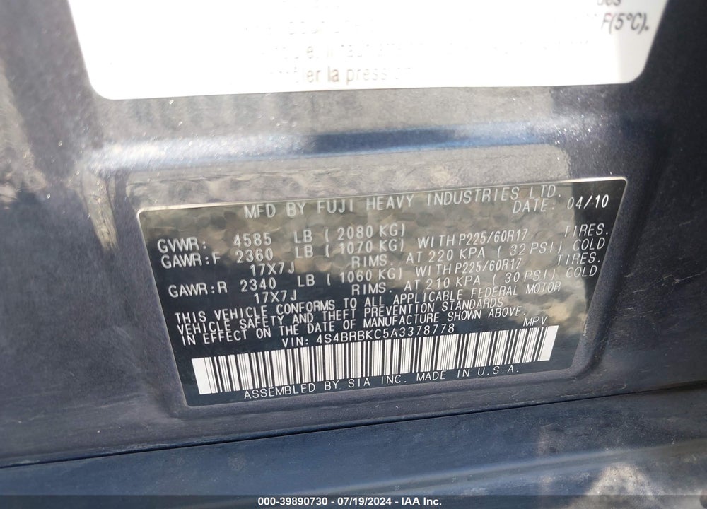 2010 SUBARU OUTBACK 2.5I LIMITED VIN: 4S4BRBKC5A3378778