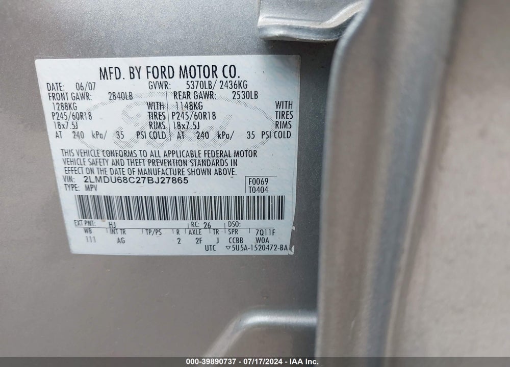 2007 LINCOLN MKX VIN: 2LMDU68C27BJ27865