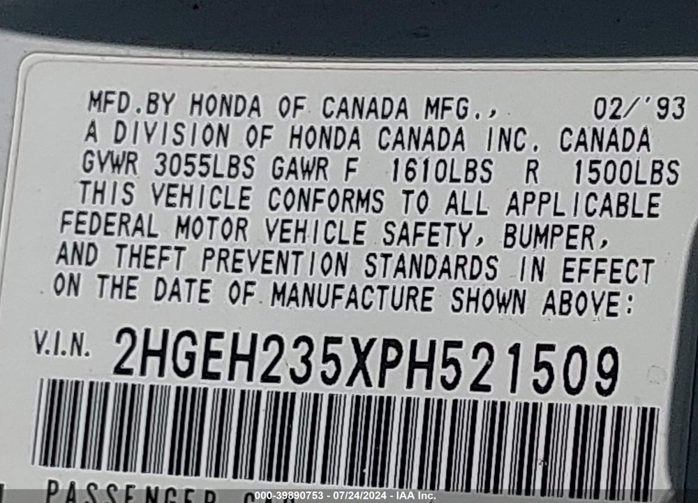 1993 HONDA CIVIC CX VIN: 2HGEH235XPH521509
