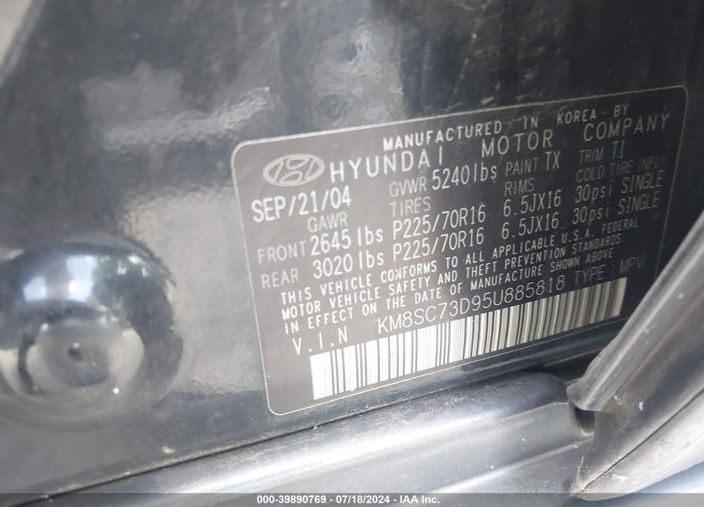2005 HYUNDAI SANTA FE GLS VIN: KM8SC73D95U885818