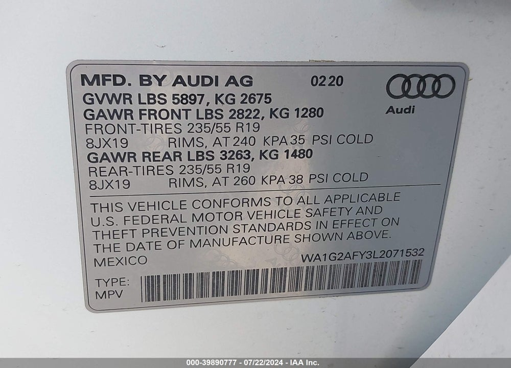 2020 AUDI Q5 PREMIUM 55 TFSI E QUATTRO S TRONIC VIN: WA1G2AFY3L2071532
