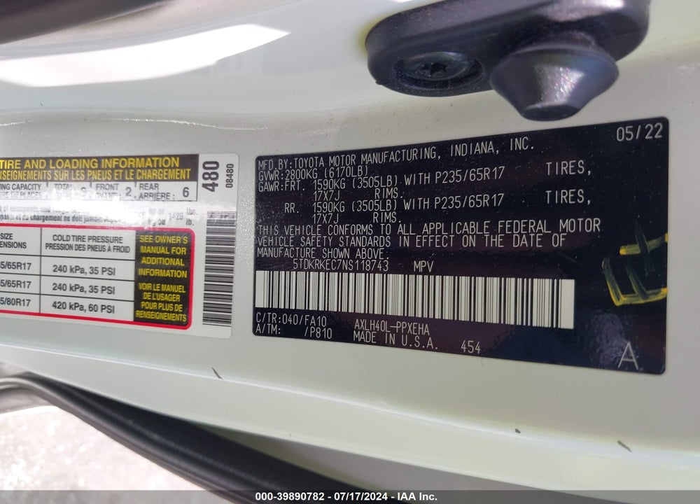 2022 TOYOTA SIENNA LE VIN: 5TDKRKEC7NS118743