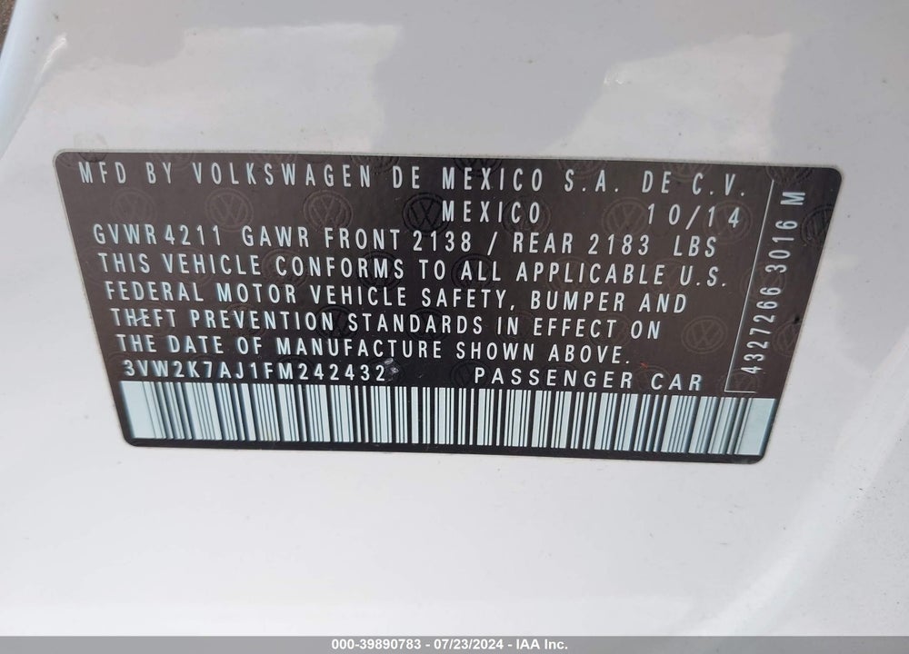 2015 VOLKSWAGEN JETTA 2.0L S VIN: 3VW2K7AJ1FM242432